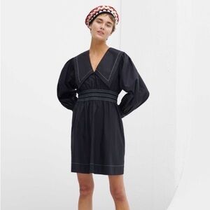 Ganni Cotton Collar Sailor Poplin Peter Pan Dress Black smocked